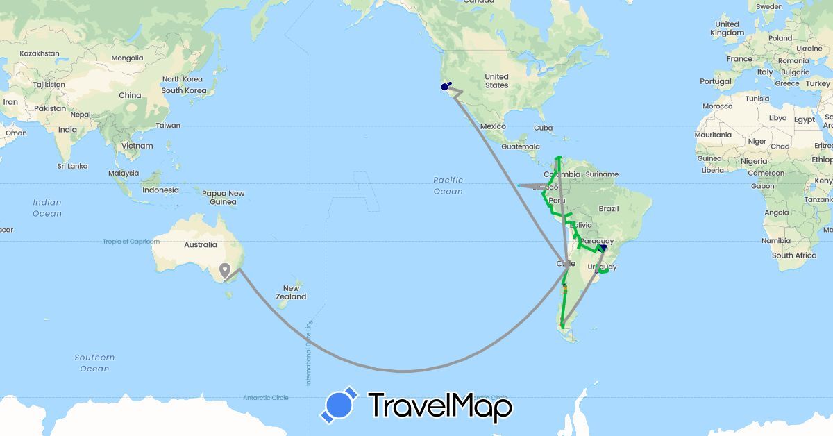 TravelMap itinerary: driving, bus, plane, train, hiking, boat, hitchhiking in Argentina, Australia, Bolivia, Chile, Colombia, Ecuador, Peru, Paraguay, United States, Uruguay (North America, Oceania, South America)